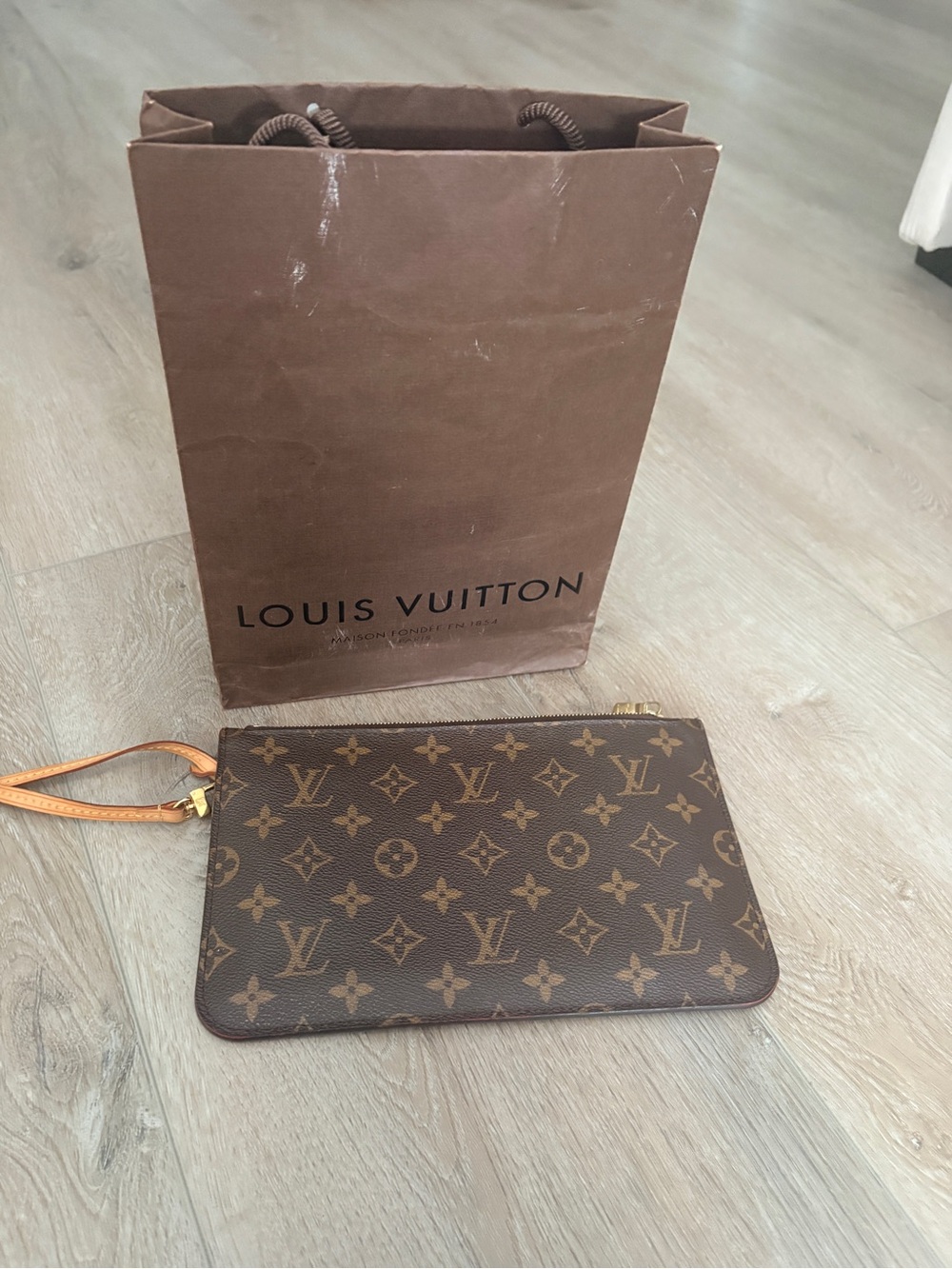 Louis Vuitton Monogram Canvas Wristlet Pouch in Brown and Tan Authentic
